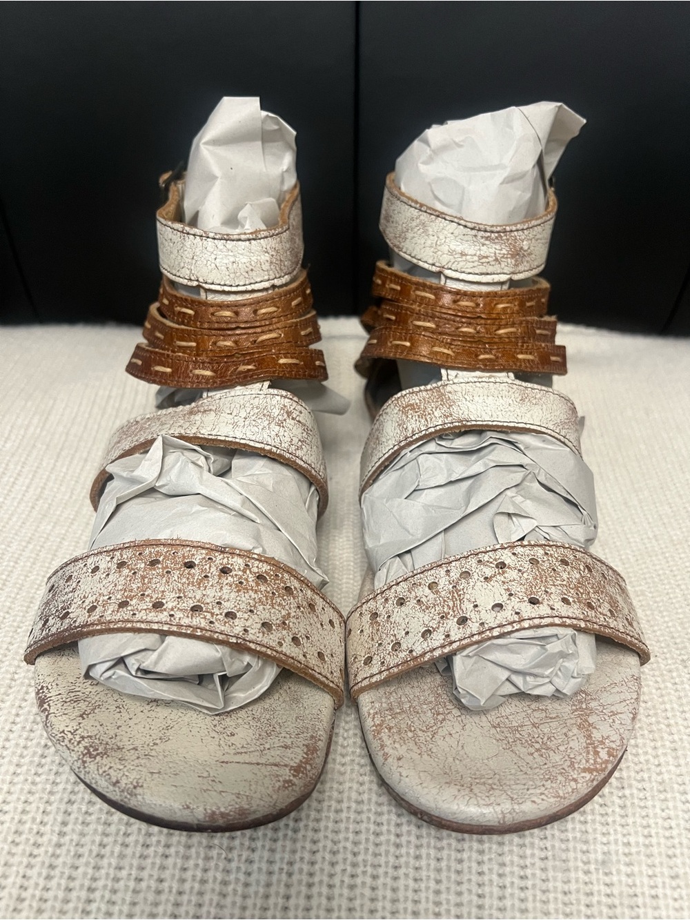 Bed Stu Artemis Distressed Metallic White and Brown Strappy Women’s Sandals